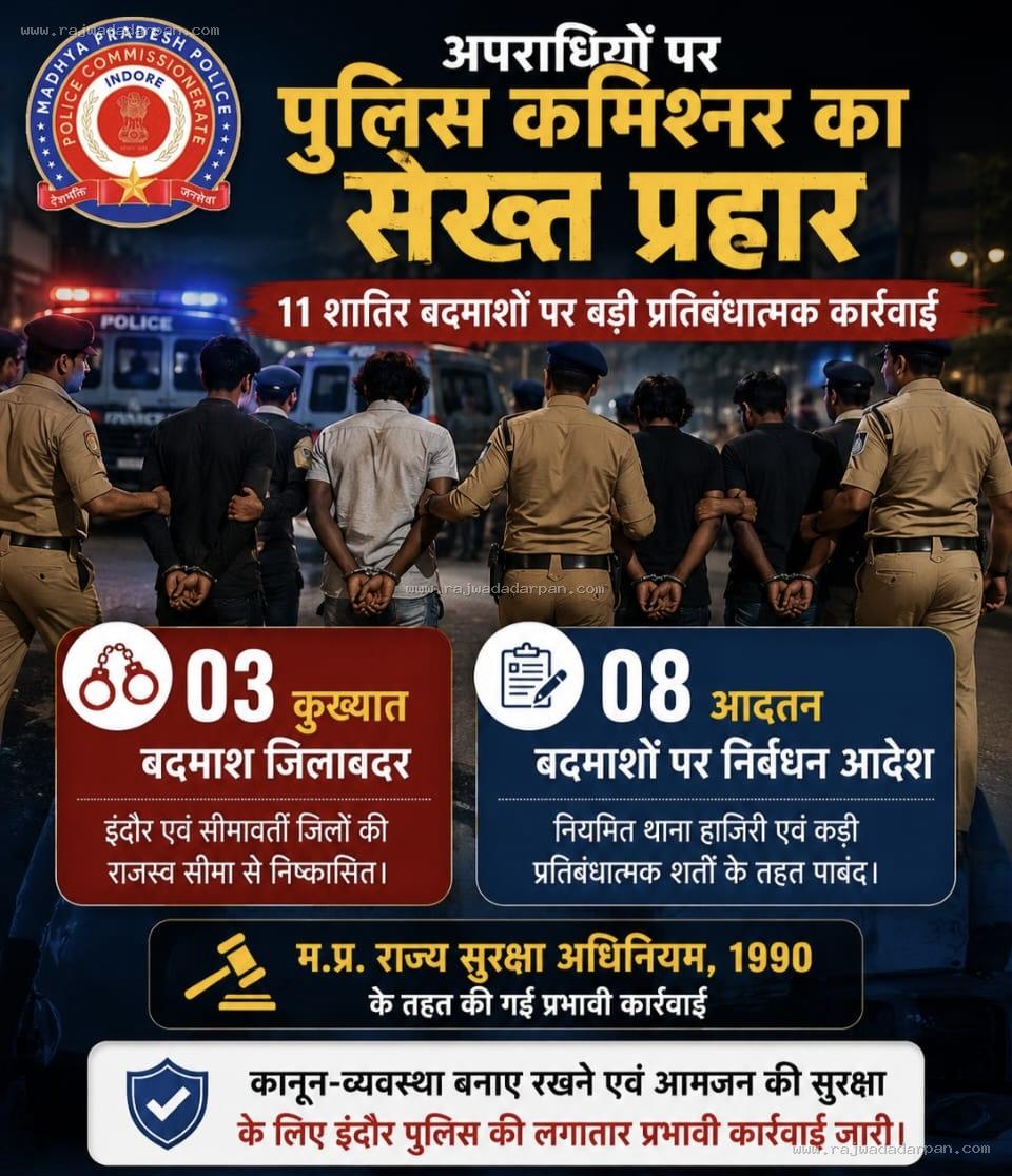 इंदौर में अपराधियों पर कमिश्नर की सख्ती: 3 कुख्यात बदमाश जिलाबदर, 8 आदतन अपराधियों पर कड़े प्रतिबंध

&nbsp;