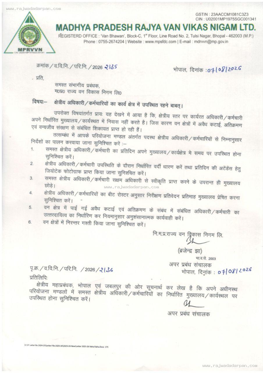 वन विकास निगम के अफसर-कर्मचारियों को मुख्यालय में रहना होगा: अवैध कटाई-अतिक्रमण की शिकायतों के बाद सख्ती, रोज जियोटैग फोटो से होगी हाजिरी
- 2