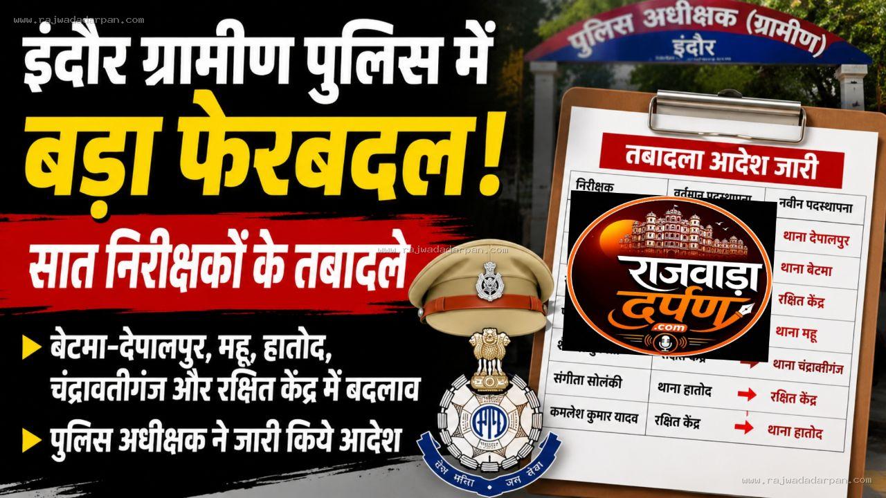 इंदौर ग्रामीण पुलिस में बड़ा फेरबदल: 7 निरीक्षकों के तबादले, बेटमा-देपालपुर और महू थाने बदले