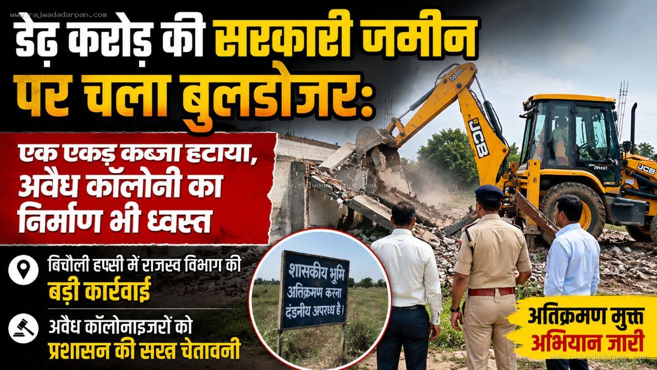 डेढ़ करोड़ की सरकारी जमीन पर चला बुलडोजर: एक एकड़ कब्जा हटाया,अवैध कॉलोनी का निर्माण भी ध्वस्त
