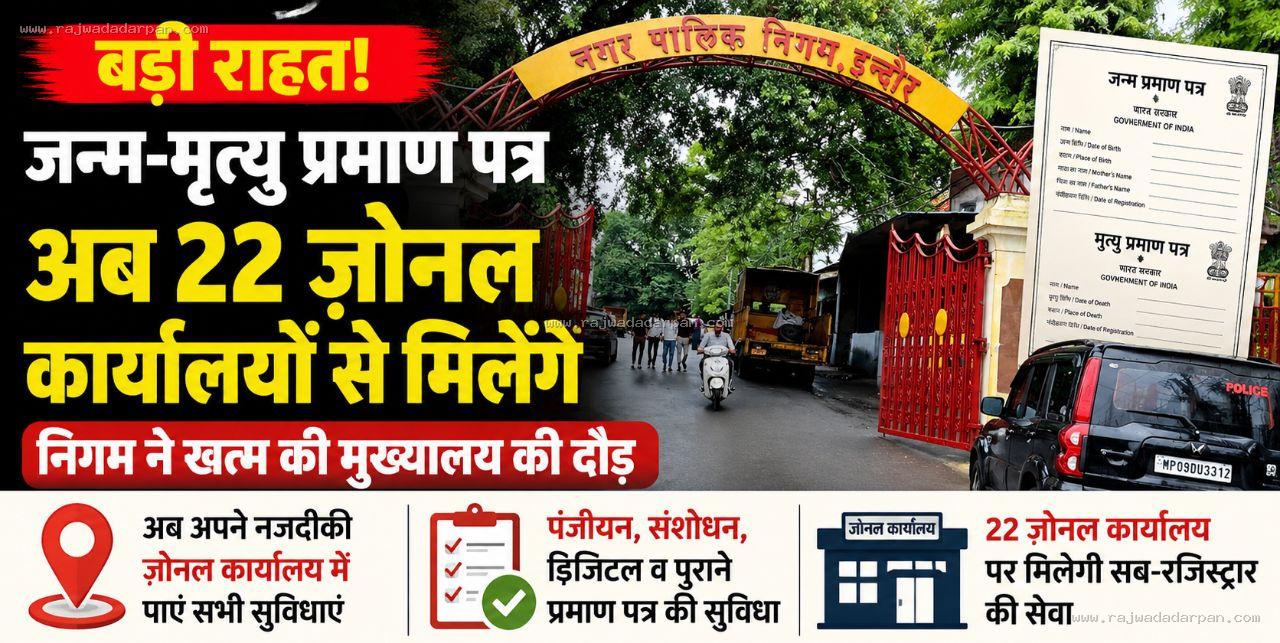 जन्म-मृत्यु प्रमाण पत्र अब 22 जोनल कार्यालयों से मिलेंगे: निगम ने खत्म की मुख्यालय की दौड़

&nbsp;