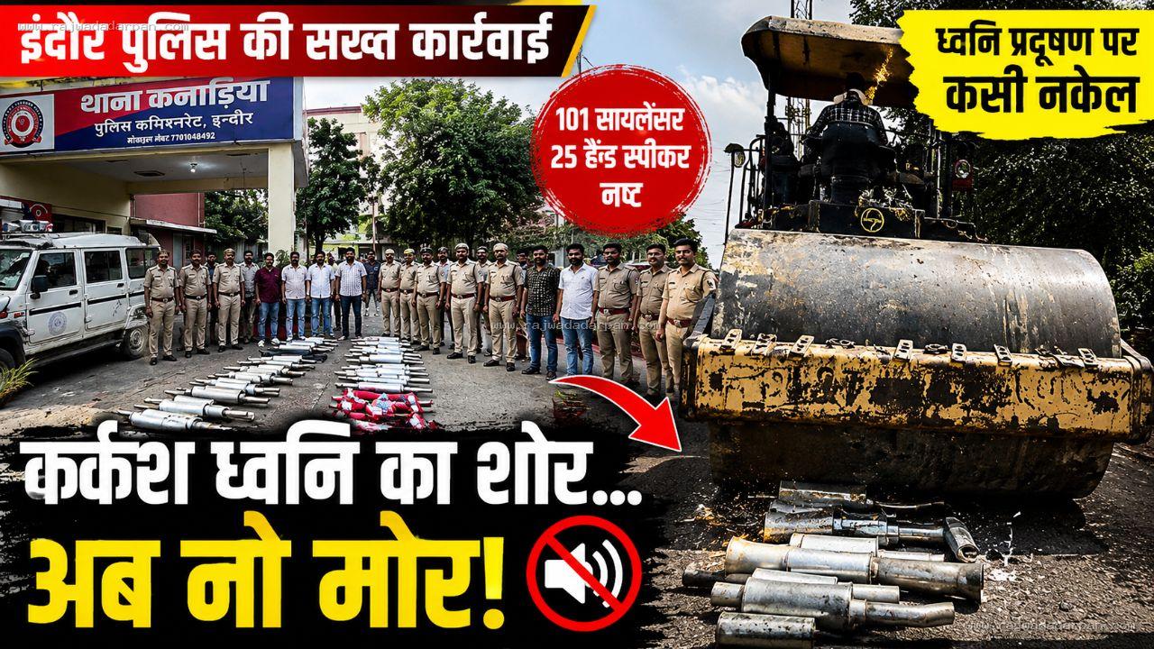 'कर्कश आवाज... अब नो मोर': इंदौर पुलिस ने 101 मॉडिफाइड साइलेंसर और 25 हेंड स्पीकर पर चलाया रोड रोलर

&nbsp;