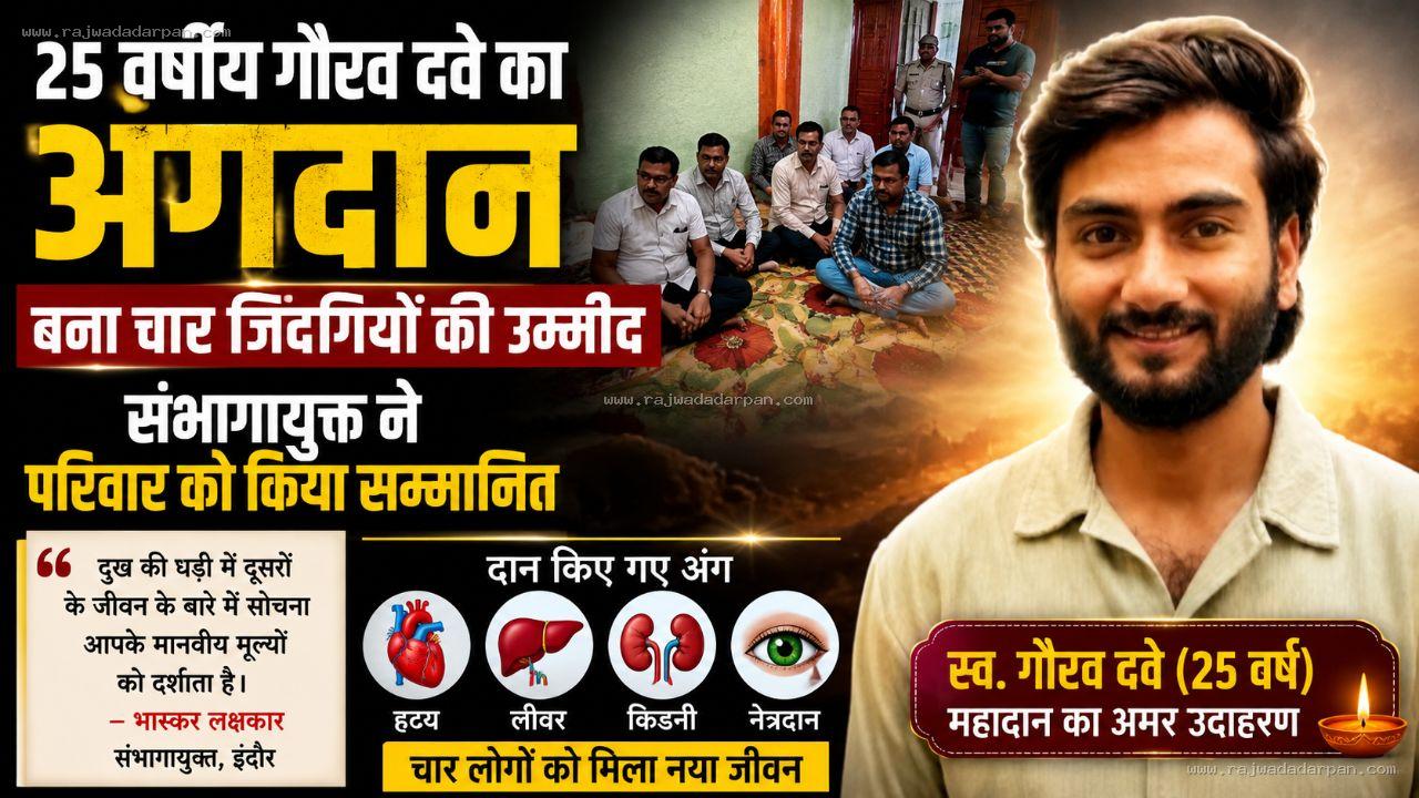 25 वर्षीय गौरव दवे का अंगदान बना चार जिंदगियों की उम्मीद, संभागायुक्त ने परिवार को किया सम्मानित

&nbsp;